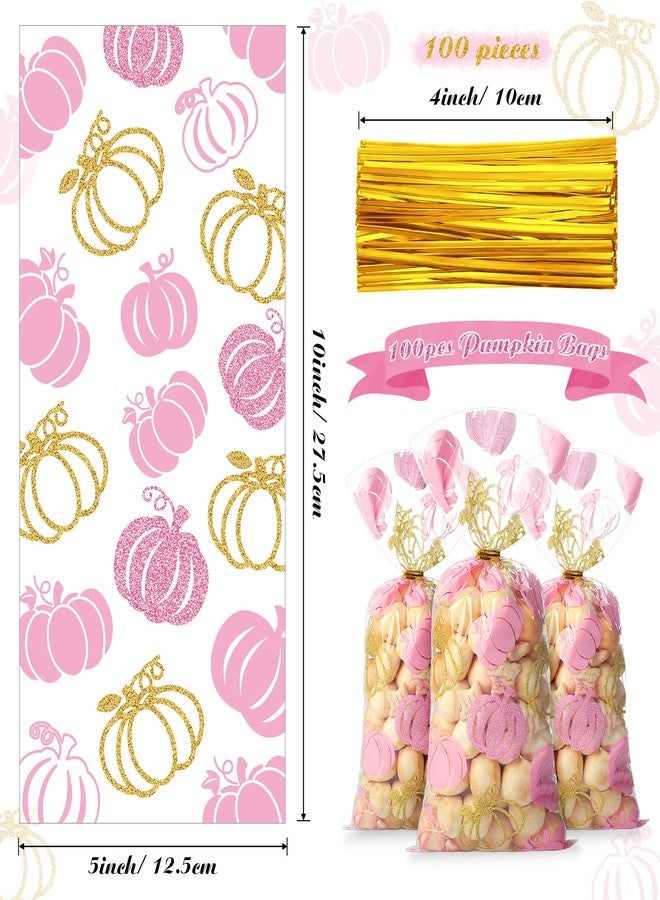 Funrous 100 Pcs Little Pumpkin Bags Fall Cellophane Pumpkin Party Candy Bags Plastic Goodie Treat Gifts with Gold Twist Ties for Autumn Theme Party Supplies Thanksgiving Decorations - Image 2